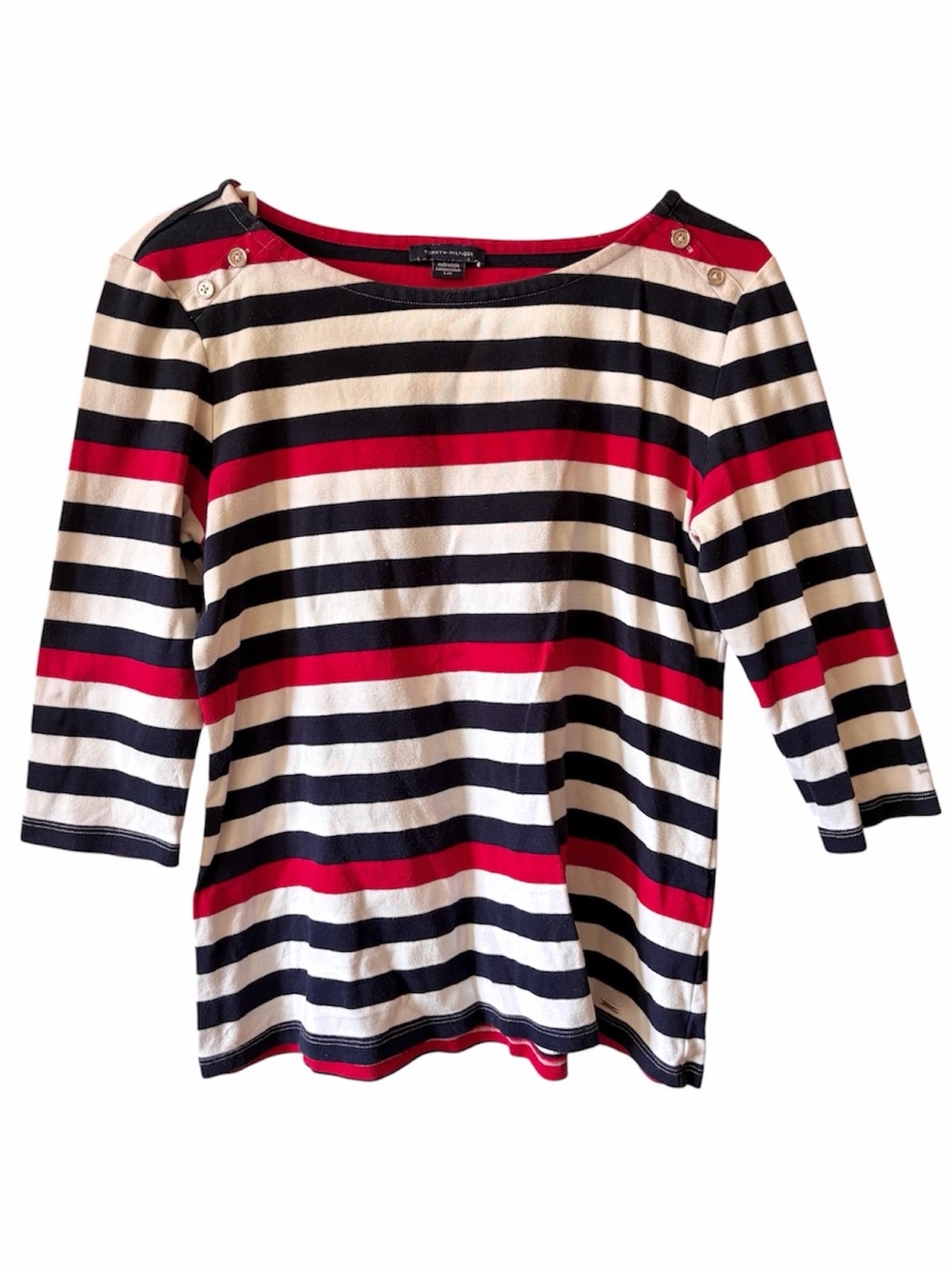 Tommy Hilfiger Striped 3/4 Sleeve Boat Neck Top Red White Blue Nautical Preppy